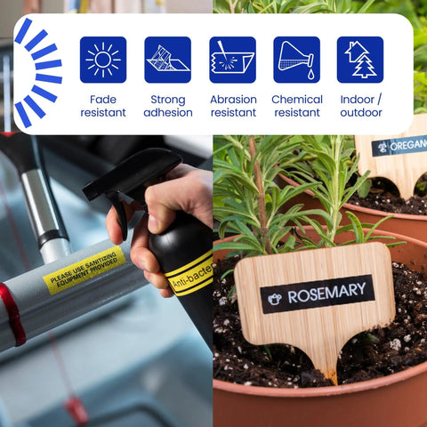 Two Pack Half Inch By Twenty Six Feet Laminated Label Tape Black On White on plant labels in garden setting.