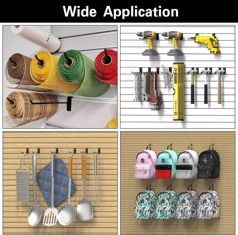 Heavy Duty Slatwall Hooks 20 Pack With Beefed Up Backplate for garage storage; holding tools, fabric, backpacks, and kitchenware