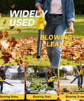 Person using Cordless Leaf Blower With Two 4.0Ah Batteries And Charger, Up To 150 MPH Air for blowing leaves in yard