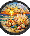 Laid Back Coastal Sunset Beach Shell Cabinet Knobs Four Pack For Kitchen And Bathroom Hardware With Nautilus Scallops Stained Glass design featuring shells and sunset.