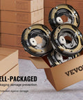 Four VEVOR 12x2 in electric trailer brake assemblies with backing plates, front view in packaging box