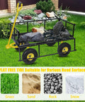 Heavy Duty Garden Cart With Removable Sides 1100 Pound Capacity Utility Wagon loaded with rocks, yellow handle, on grass