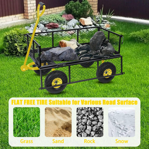 Heavy Duty Garden Cart With Removable Sides 1100 Pound Capacity Utility Wagon loaded with rocks, yellow handle, on grass