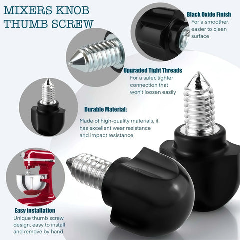 Two Pack Mixer Knob Screw Replacement Parts For KitchenAid Stand Mixers, black knob end, stainless steel screw, close-up