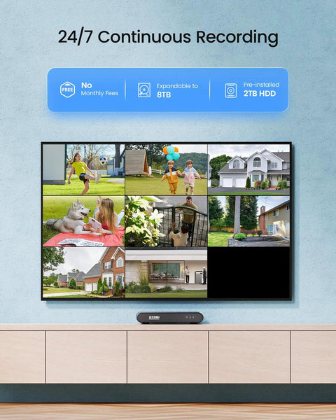 C220 8 Channel 4MP 2.5K PoE Security Camera System With 3K NVR And 2TB HDD, showcasing multi-angle surveillance on screen.