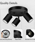 Three Light Matte Black Track Lighting Kit With Adjustable GU10 Heads, quality details, matte finish, sturdy bracket, standard GU10 base