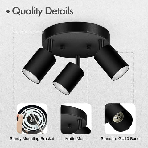 Three Light Matte Black Track Lighting Kit With Adjustable GU10 Heads, quality details, matte finish, sturdy bracket, standard GU10 base