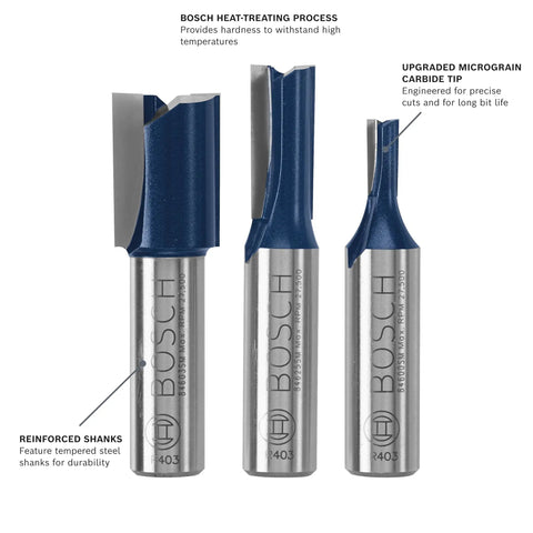 3 Piece Assorted Set Carbide Tipped Down Shear Plywood Mortising Router Bits Pro Grade For Ultra Smooth Cuts In Standard Plywood
