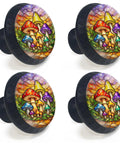 Colorful Mushroom Cabinet Knobs Four Pack for Kitchen and Bathroom, stained glass woodland themed handles, vibrant mosaic art with leaves.