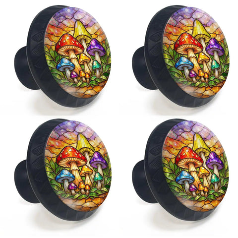 Colorful Mushroom Cabinet Knobs Four Pack for Kitchen and Bathroom, stained glass woodland themed handles, vibrant mosaic art with leaves.