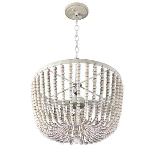 4 Light 17 Inch Wood Beaded Pendant Chandelier With White Finish Boho Style Semi Flush Mount Ceiling Light Fixture for Hallways Nurseries Bedrooms Kitchens and Living Rooms Dimmable Led Compatible