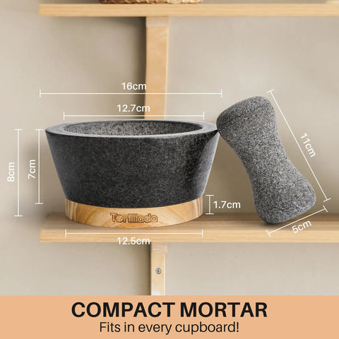 6 Inch Granite Mortar And Pestle Set With Anti Scratch Wood Base, Heavy Duty Grinder For Spices And Herbs, Black Kitchen Essential