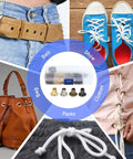 2mm Copper Grommet Kit With Eyelets And Washers In Plastic Storage Box For Shoes Bags Clothes Leather Crafts Paper And DIY Projects All In One Fastener Set For Crafting Enthusiasts displayed with shoes, bag, belt, pants, and clothes samples illustrating usage.