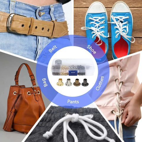 2mm Copper Grommet Kit With Eyelets And Washers In Plastic Storage Box For Shoes Bags Clothes Leather Crafts Paper And DIY Projects All In One Fastener Set For Crafting Enthusiasts displayed with shoes, bag, belt, pants, and clothes samples illustrating usage.