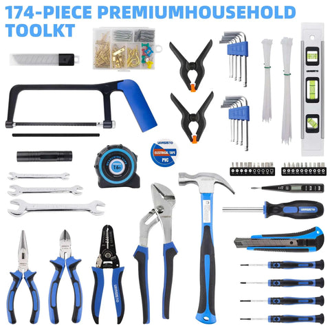 Assortment of 174 tools including pliers, wrenches, screwdriver, tape measure and hacksaw for DIY projects and repairs