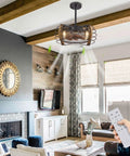 Caged Wood Farmhouse Ceiling Fan With Light And Remote Control Flush Mount Industrial Style in cozy living room setting