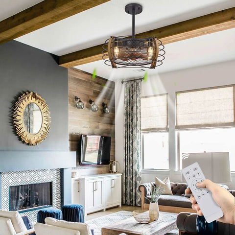 Caged Wood Farmhouse Ceiling Fan With Light And Remote Control Flush Mount Industrial Style in cozy living room setting