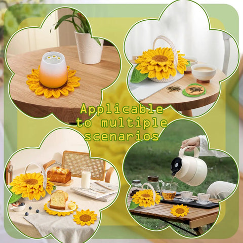 Beginner Crochet Kit Starter Set With Coasters And Plant Pot Projects displayed in various home settings