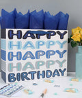 Extra Large 16.5 Inch Blue Birthday Gift Bag Set with handles including greeting card tissue paper and stickers visible