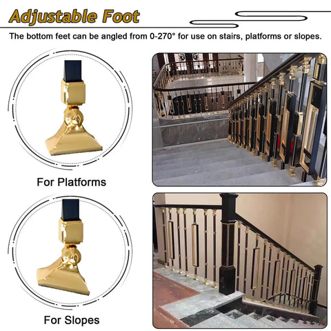 Adjustable foot for Solid As A Rock Adjustable Aluminum Baluster Spindle Kit for slopes or platforms, showing 0 to 270-degree angle.