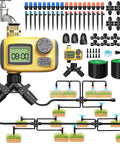 Smart Drip Irrigation System With LCD Timer And 246 Foot Layout showing components, hose, fittings, and sprayers assembled.
