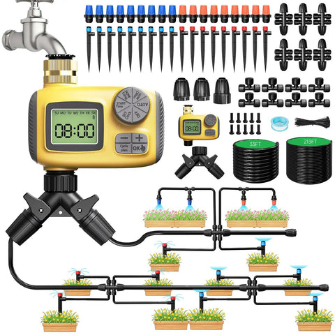 Smart Drip Irrigation System With LCD Timer And 246 Foot Layout showing components, hose, fittings, and sprayers assembled.