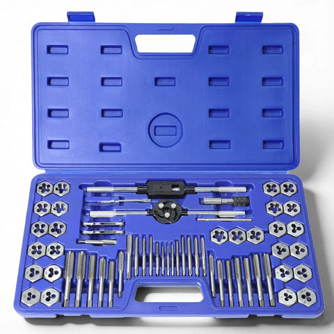 Pro Grade Tap And Die Set With 60 Pieces For SAE No. 4 To One Half Inch And Metric M3 To M12 Rethreading Tools And Thread Chasers