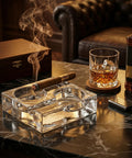 Clear Glass Cigar Ashtray Made From Premium Crystal, Heavyweight For Two Cigars, Modern Square Design on marble table