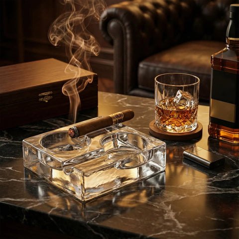 Clear Glass Cigar Ashtray Made From Premium Crystal, Heavyweight For Two Cigars, Modern Square Design on marble table