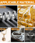 Applicable metals for jewelry welding: platinum, gold, K-gold, silver, iron displayed with rings and jewelry pieces.