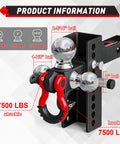 Adjustable Heavy Duty Tri Ball Trailer Hitch For 2 Inch Receiver With 4.5 Inch Rise And Drop Includes Hook, Shackle, 7500 LBS