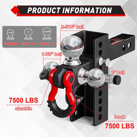 Adjustable Heavy Duty Tri Ball Trailer Hitch For 2 Inch Receiver With 4.5 Inch Rise And Drop Includes Hook, Shackle, 7500 LBS
