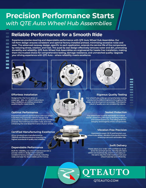 Product brochure for QTE Auto front wheel hub assembly replacements, highlighting features and benefits for smooth ride and precision performance.