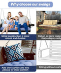 Collage of metal porch swings highlighting features of Three Seat Metal Porch Swing With 900 Lbs Capacity Heavy Duty Hanging Bench.