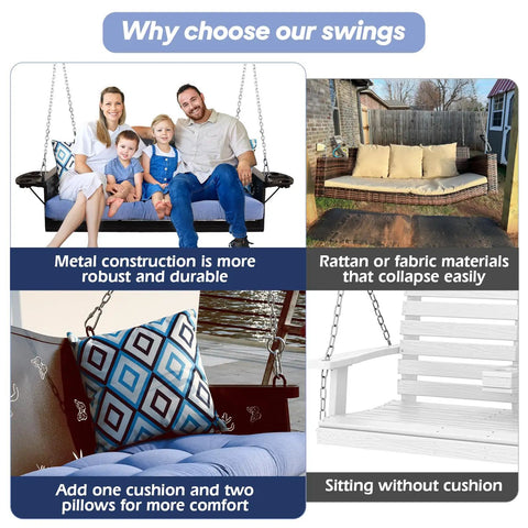 Collage of metal porch swings highlighting features of Three Seat Metal Porch Swing With 900 Lbs Capacity Heavy Duty Hanging Bench.