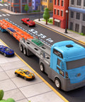 2-in-1 Foldable Race Track Truck Playset For Kids Ages 4 To 8 Transforms From Carrier To A 55 Inch Foldable Track With Dual Launchers Includes 8 Race Cars Perfect Birthday Gift For Little Builders And Car Fans in street setting
