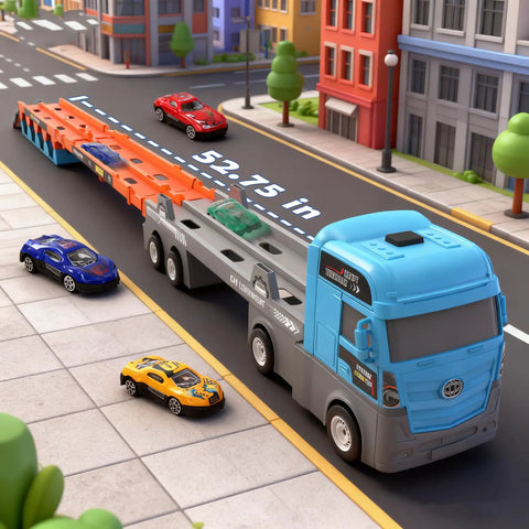 2-in-1 Foldable Race Track Truck Playset For Kids Ages 4 To 8 Transforms From Carrier To A 55 Inch Foldable Track With Dual Launchers Includes 8 Race Cars Perfect Birthday Gift For Little Builders And Car Fans in street setting