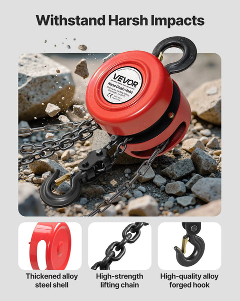Front view of red VEVOR hand chain hoist with black hook and galvanized chain, 2-ton capacity.