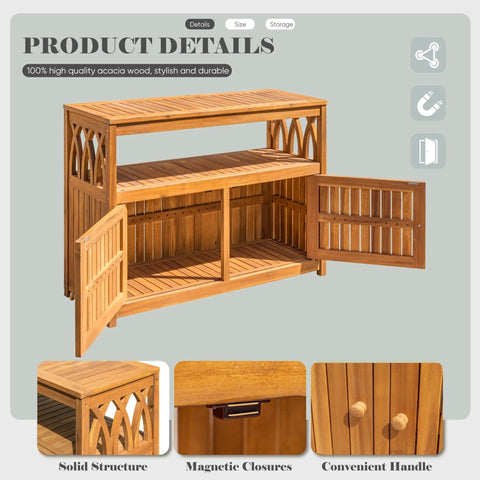 Weatherproof Acacia Wood Outdoor Storage Cabinet With Two Magnetic Doors And Three Level Storage in brown, doors open