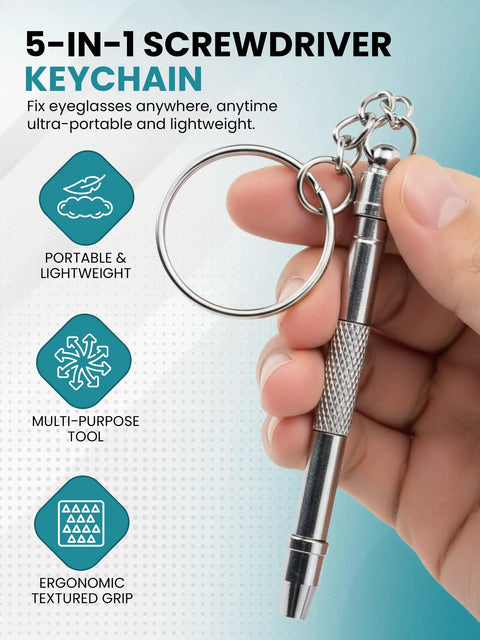 Silver Stainless Steel Eyeglass Repair Kit With 5 In 1 Mini Precision Screwdriver Set on keychain held in hand