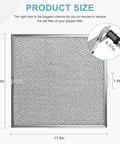 Range Hood Grease Filter 11 1/4 by 11 3/4 by 3/8 Inches Two Pack Compatible with Broan NuTone Kenmore Hoods Replacement S99010316 990721400 8558 Easy To Install shown with measurements