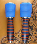 Professional Leather Tooling Maul With Tough Nylon Head And Real Veg Tan Leather Handle stainless steel hardware for stamping and embossing, showing blue nylon heads and striped handles.