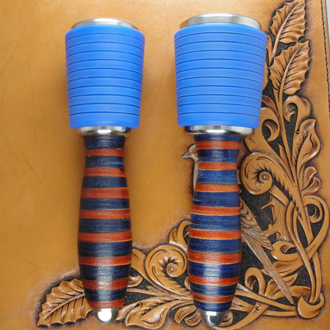 Professional Leather Tooling Maul With Tough Nylon Head And Real Veg Tan Leather Handle stainless steel hardware for stamping and embossing, showing blue nylon heads and striped handles.