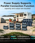 Heavy Solar Generator Portable Power Station with multiple units in outdoor setting, showcasing parallel connection for increased output.