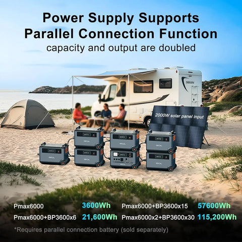 Heavy Solar Generator Portable Power Station with multiple units in outdoor setting, showcasing parallel connection for increased output.