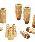 Pro Grade Industrial Type D 14 Piece Quick Connect Air Fittings Kit 1/4 Inch NPT solid brass set displayed on white background