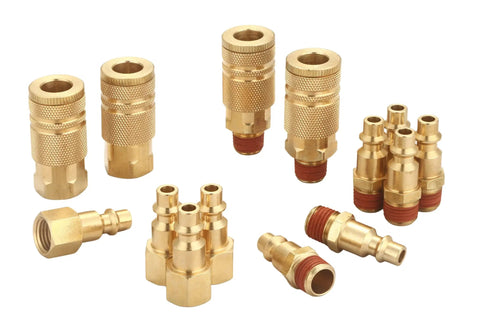Pro Grade Industrial Type D 14 Piece Quick Connect Air Fittings Kit 1/4 Inch NPT solid brass set displayed on white background