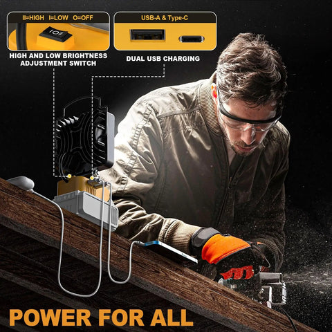 Man using Cordless LED Work Light 11200 Lumens 112W Underhood Compatible With Dewalt 20V Battery USB Type C Charging