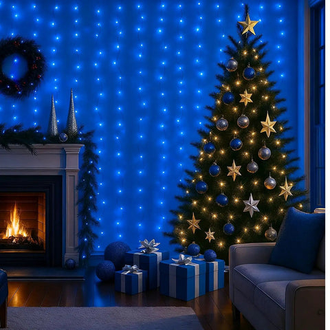 Blue 300 LED Fairy Curtain Lights With Waterproof Waterfall Glow 9.8 Feet By 9.8 Feet 10 Vertical Strands Remote installed indoors