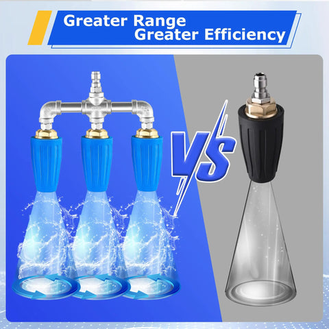 Comparison between three blue 3-In-1 Turbo Nozzle For Pressure Washer With 360 Degree Rotating Jet Streams and a single black nozzle.